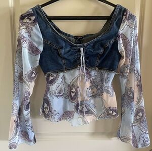 Fang Y2K lace up Denim paisley top